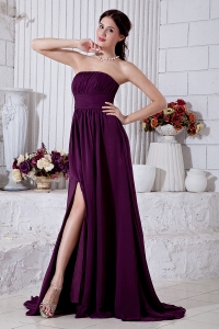 Purple Empire Strapless Brush Train Chiffon Ruch Prom / Evening Dress