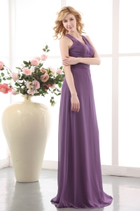 Purple Empire V-neck Floor-length Chiffon Ruch Prom Dress
