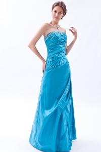Blue A-line / Princess Strapless Floor-length Taffeta Beading Prom Dress