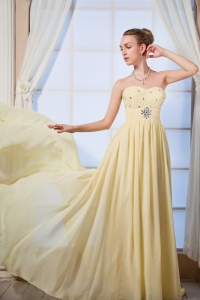Yellow Empire Sweetheart Brush Train Chiffon Beading Prom Dress