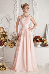 Baby Pink Empire One Shoulder Brush Train Chiffon Hand Made Flowers and Ruch Prom Dress