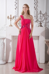 Hot Pink Empire One Shoulder Brush Train Chiffon Sequins Prom Dress