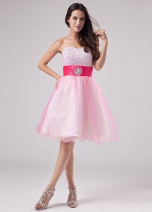 Beading Prom Dress Strapless Organza Mini-length A-Line Pink