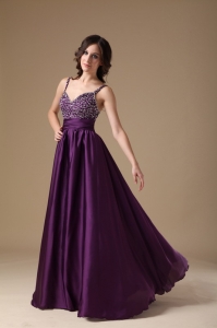 Dark Purple Empire Straps Floor-length Taffeta Beading Prom Dress