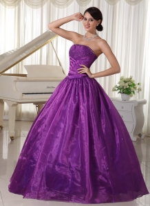 Eggplant Purple Prom Dress For Custom Made Taffeta and Organza Beaded Decorate Strapless
