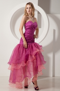 Fuchsia A-line Sweetheart Asymmetrical Taffeta and Organza Beading and Ruch Prom Dress