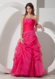 Hot Pink A-line Strapless Floor-length Organza Beading Prom Dress