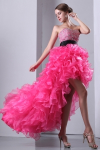 Hot Pink A-line Sweetheart High-low Organza Beading Prom Dress