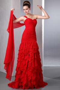 Red Column One Shoulder Watteau Train Chiffon Beading Ruffles Prom Dress