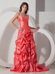 Watermelon Red A-line Sweetheart Brush Train Taffeta Bowknot Prom Dress