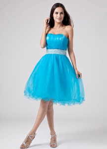 2019 baby blue Strapless Prom Dress With Sash and Ruch With Organza