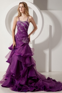 Dark Purple A-line Spaghetti Straps Court Train Taffeta and Organza Beading and Ruffles Prom Dress