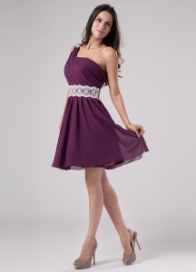 Dark Purple One Shoulder 2019 Prom Dress With Sash and Ruch Chiffon