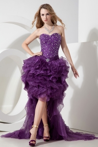 Purple Column / Sheath Sweetheart High-low Organza Beading Prom Dress