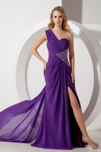 Purple Column One Shoulder Watteau Train Chiffon Beading Prom Dress