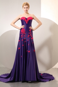 Purple Column Sweetheart Count Train Elastic Woven Satin Hand Made Flowers Prom Dress