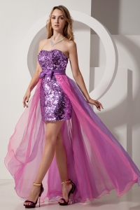 Purple and Pink Column Strapless High-low Sequin and Chiffon Prom Dress