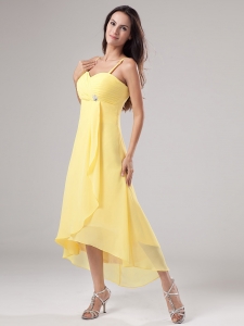 Simple Yellow Spaghetti Straps Prom Dress Beading and Ruch With Chiffon
