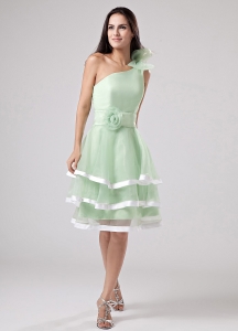 Sweet Apple Green Ruffled Layeres 2019 Prom Dress One Shoulder Hand Made Flowers and Sash