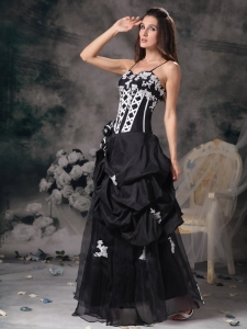 Black and White Column Spaghetti Straps Floor-length Taffeta Beading Prom Dress