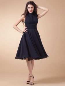 High-neck and Ruched Bodice For Custom Made Navy Blue Prom Dress