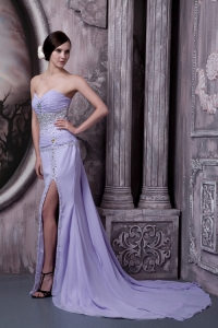 Lilac Column Sweetheart Court Train Chiffon Beading Prom Dress