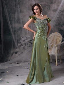 Olive Green Column Off The Shoulder Floor-length Beading and Ruch Taffeta Prom Dress