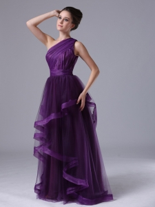 One Shoulder Tulle Empire Purple Ruched 2019 Prom Dress