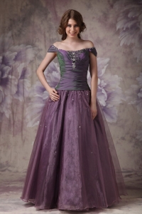 Purple A-line Off The Shoulder Floor-length Taffeta and Organza Beading Prom Dress