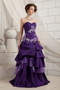 Purple A-line Sweetheart Brush Train Taffeta and Organzn Appliques Prom Dress