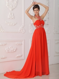 Red Empire Halter Court Train Chiffon Beading Red Prom / Evening Dress