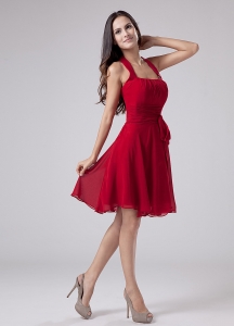 Red Halter Chiffon Knee-length A-Line Bridesmaid Dress Wedding Party