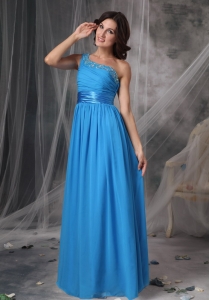 Sky Blue Column / Sheath One Shoulder Floor-length Chiffon Beading Prom Dress