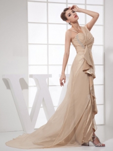Asymmetrical Champagne Chiffon Brush Train Prom Dress 2019