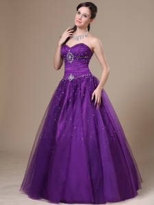 Purple A-Line Beading Tulle Sweetheart Prom Dress Floor-length