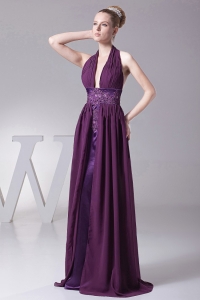 Sexy Purple Prom Dress With Halter Ruch and Appliques