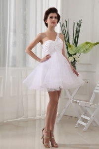 One Shoulder White and Ruch For Prom Dress With Organza Mini-length