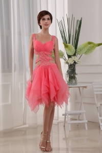 Sexy A-Line Knee-length Straps Organza Beading Prom Dress Watermelon