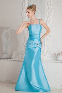 Aqua Blue Column Straps Floor-length Satin Beading and Ruch prom Dress