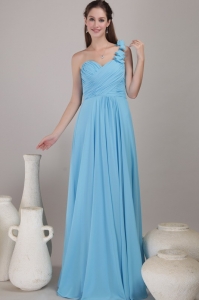 Aqua Blue Empire One Shoulder Floor-length Chiffon Ruched Bridesmaid Dress