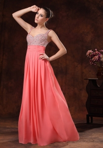Beaded Decorate Straps and Bust Ruch Watermelon Red Chiffon Floor-length 2019 Prom / Evening Dress