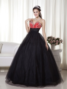 Black and Red A-line Sweetheart Floor-length Tulle and Taffeta Beading Prom Dress