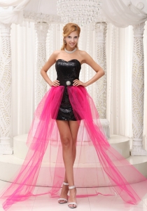 Hot Pink High-low Prom Dress For 2019 Black Paillette Over Skirt With Beading