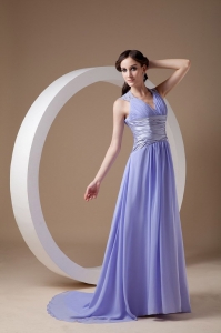 Lilac Empire V-neck Brush Train Chiffon Ruch Prom / Evening Dress