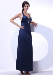 Modest Halter Navy Blue Ankle-length Beading 2019 Prom Dress
