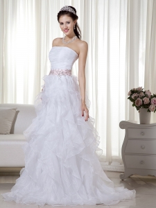 White A-line / Princess Stapless Floor-length Organza Beading Prom Dress