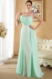 Apple Green Empire Straps Brush Train Chiffon Beading and Hand Made Flowers Prom / Evening Dress