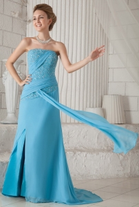 Baby Blue Column Strapless Brush Train Chiffon Beading and Ruch Prom / Celebrity Dress
