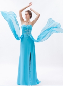 Baby Blue Column Sweetheart Brush Train Chiffon Beading Prom Dress