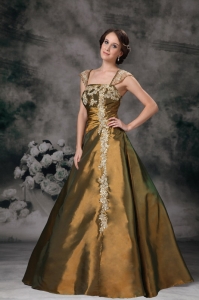 Brown A-line Square Floor-length Taffeta Appliques Prom / Evening Dress